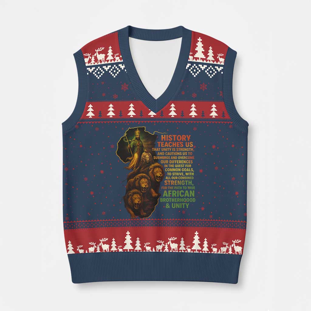 Haile Selassie Quotes V-Neck Knit Sweater Vest History Teaches Us That Unity Is Strength Rasta Lions of Judah - Wonder Print Shop