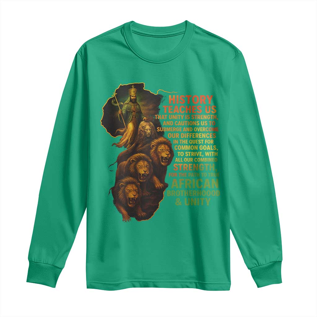 Haile Selassie Quotes Long Sleeve Shirt History Teaches Us That Unity Is Strength Rasta Lions of Judah - Wonder Print Shop