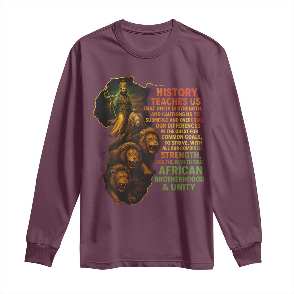 Haile Selassie Quotes Long Sleeve Shirt History Teaches Us That Unity Is Strength Rasta Lions of Judah - Wonder Print Shop