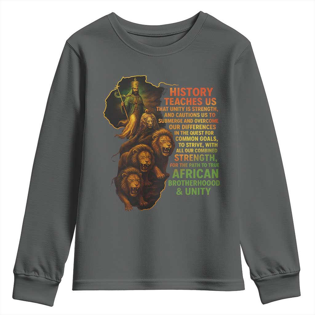 Haile Selassie Quotes Youth Sweatshirt History Teaches Us That Unity Is Strength Rasta Lions of Judah - Wonder Print Shop