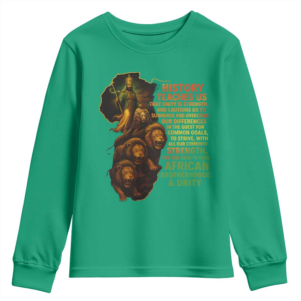 Haile Selassie Quotes Youth Sweatshirt History Teaches Us That Unity Is Strength Rasta Lions of Judah - Wonder Print Shop