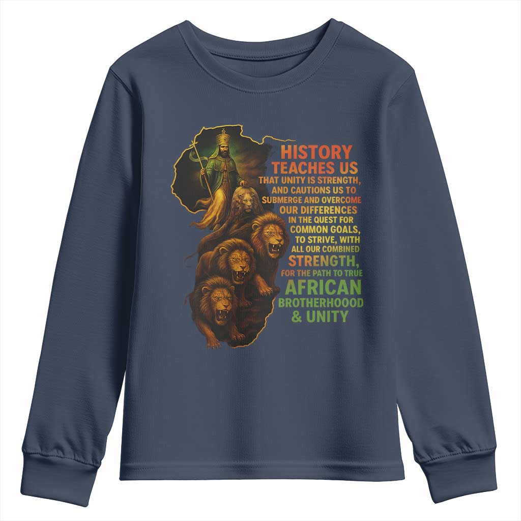 Haile Selassie Quotes Youth Sweatshirt History Teaches Us That Unity Is Strength Rasta Lions of Judah - Wonder Print Shop