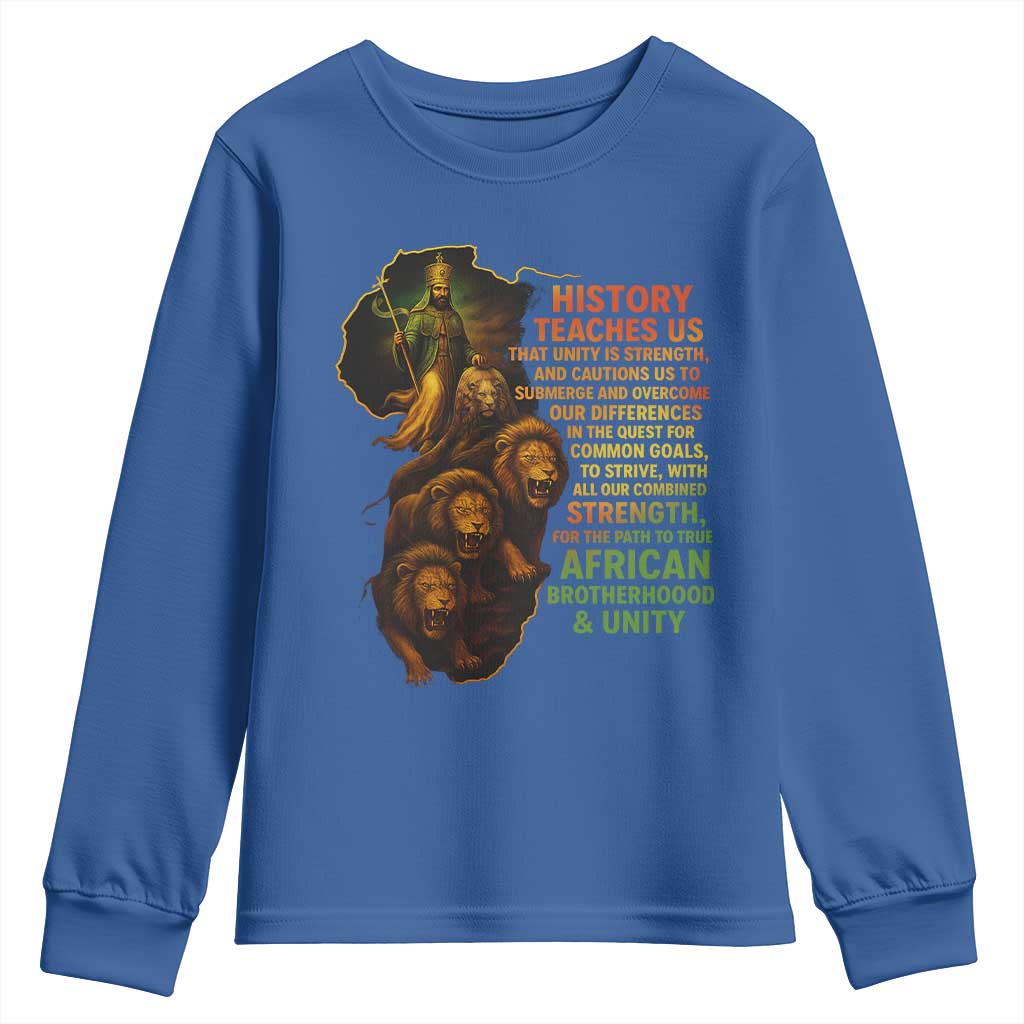 Haile Selassie Quotes Youth Sweatshirt History Teaches Us That Unity Is Strength Rasta Lions of Judah - Wonder Print Shop