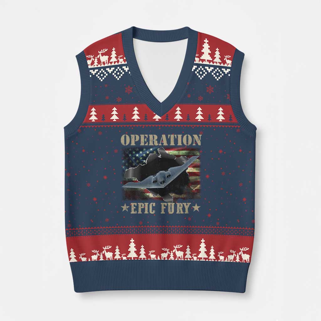 Operation Epic Fury V-Neck Knit Sweater Vest Military Bomber Jet American Flag