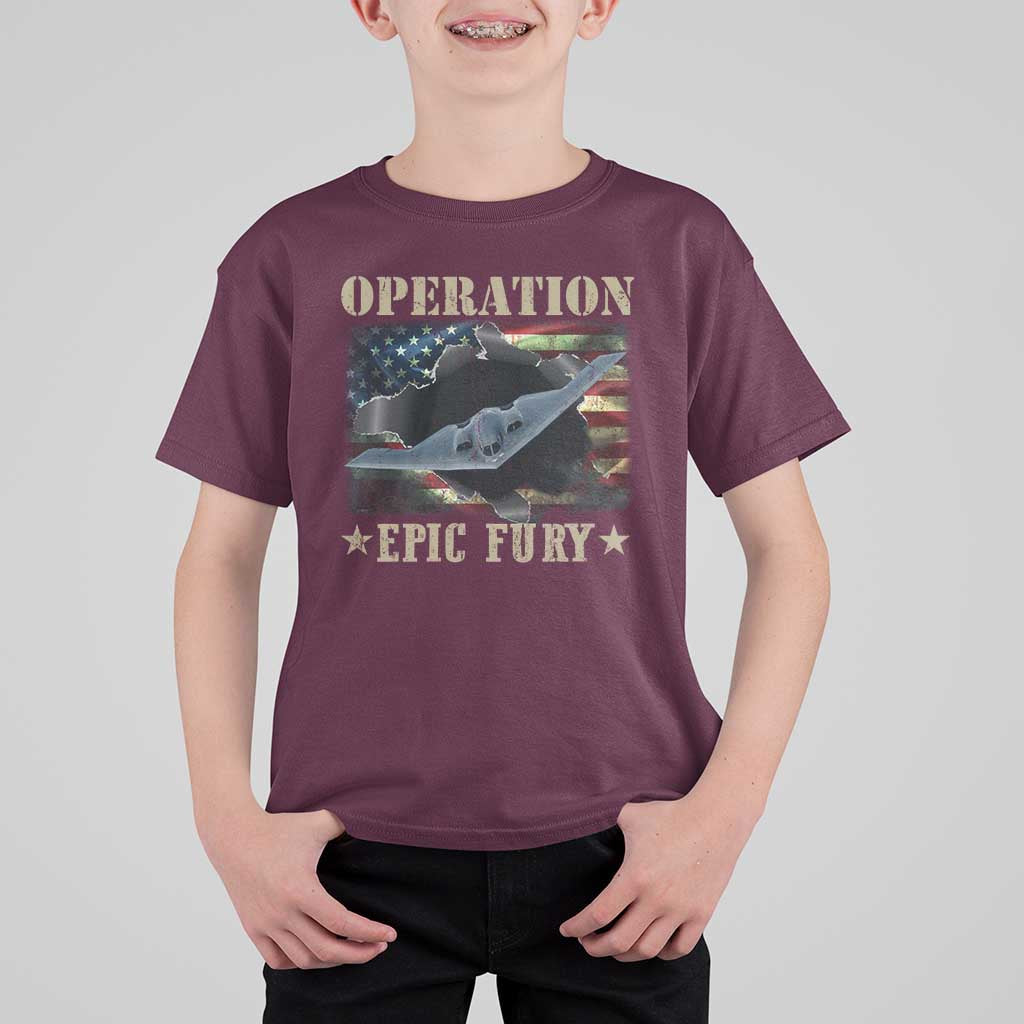Operation Epic Fury T Shirt For Kid Military Bomber Jet American Flag