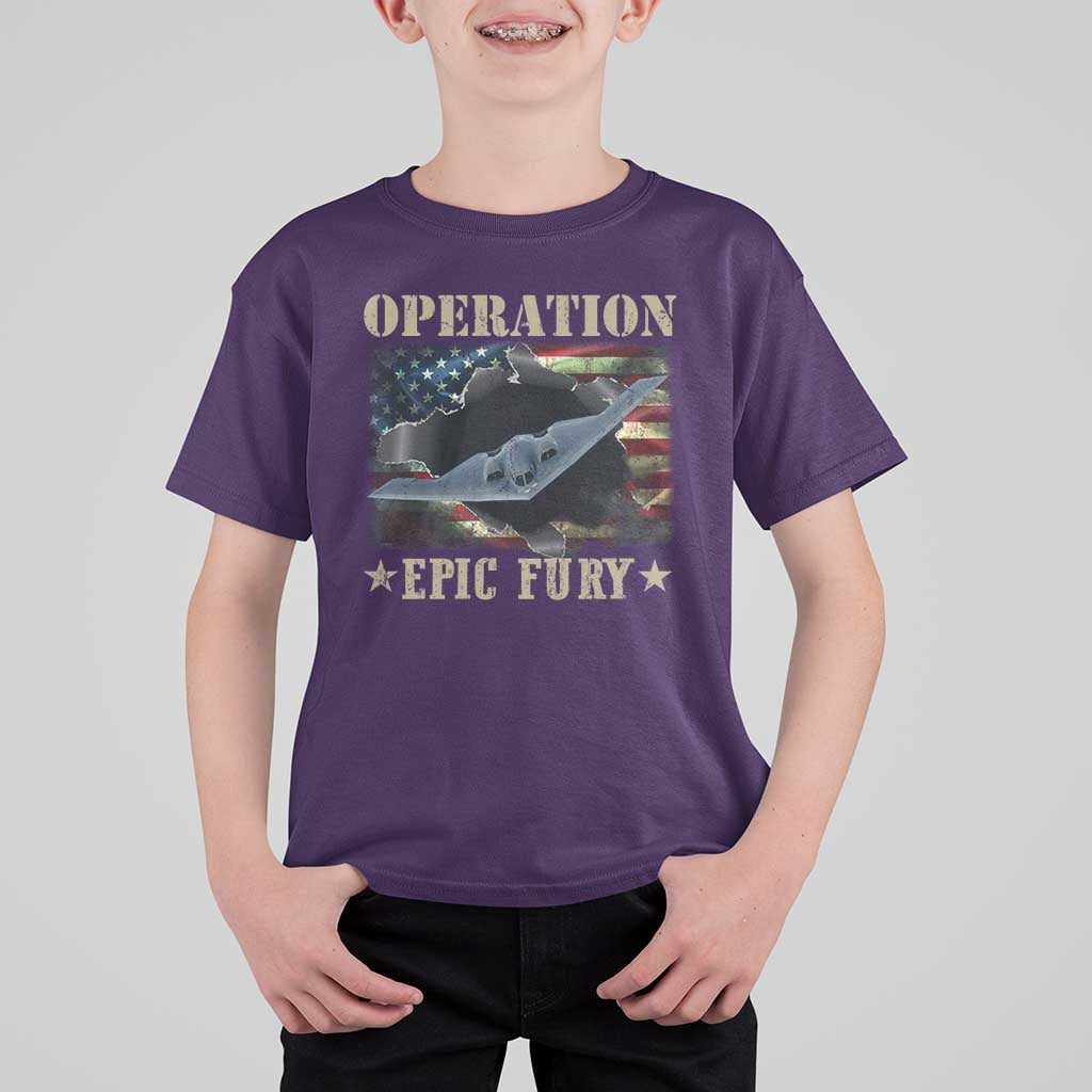 Operation Epic Fury T Shirt For Kid Military Bomber Jet American Flag