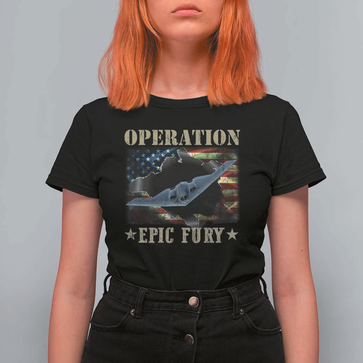 Operation Epic Fury T Shirt For Women Military Bomber Jet American Flag