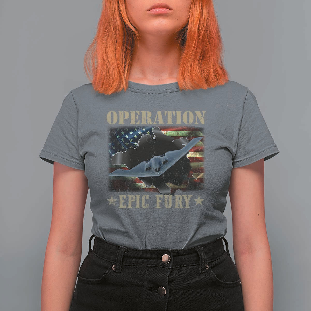 Operation Epic Fury T Shirt For Women Military Bomber Jet American Flag