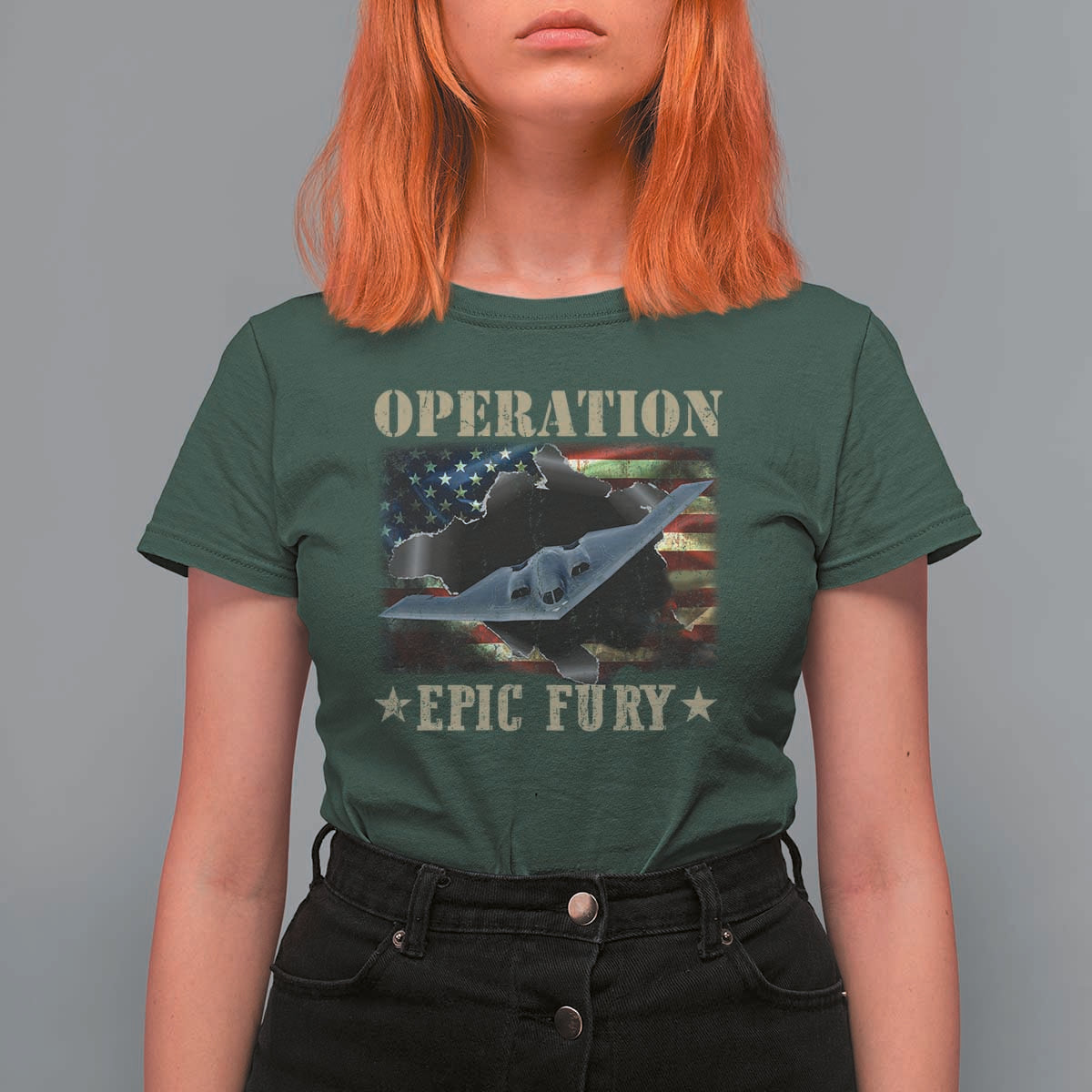 Operation Epic Fury T Shirt For Women Military Bomber Jet American Flag