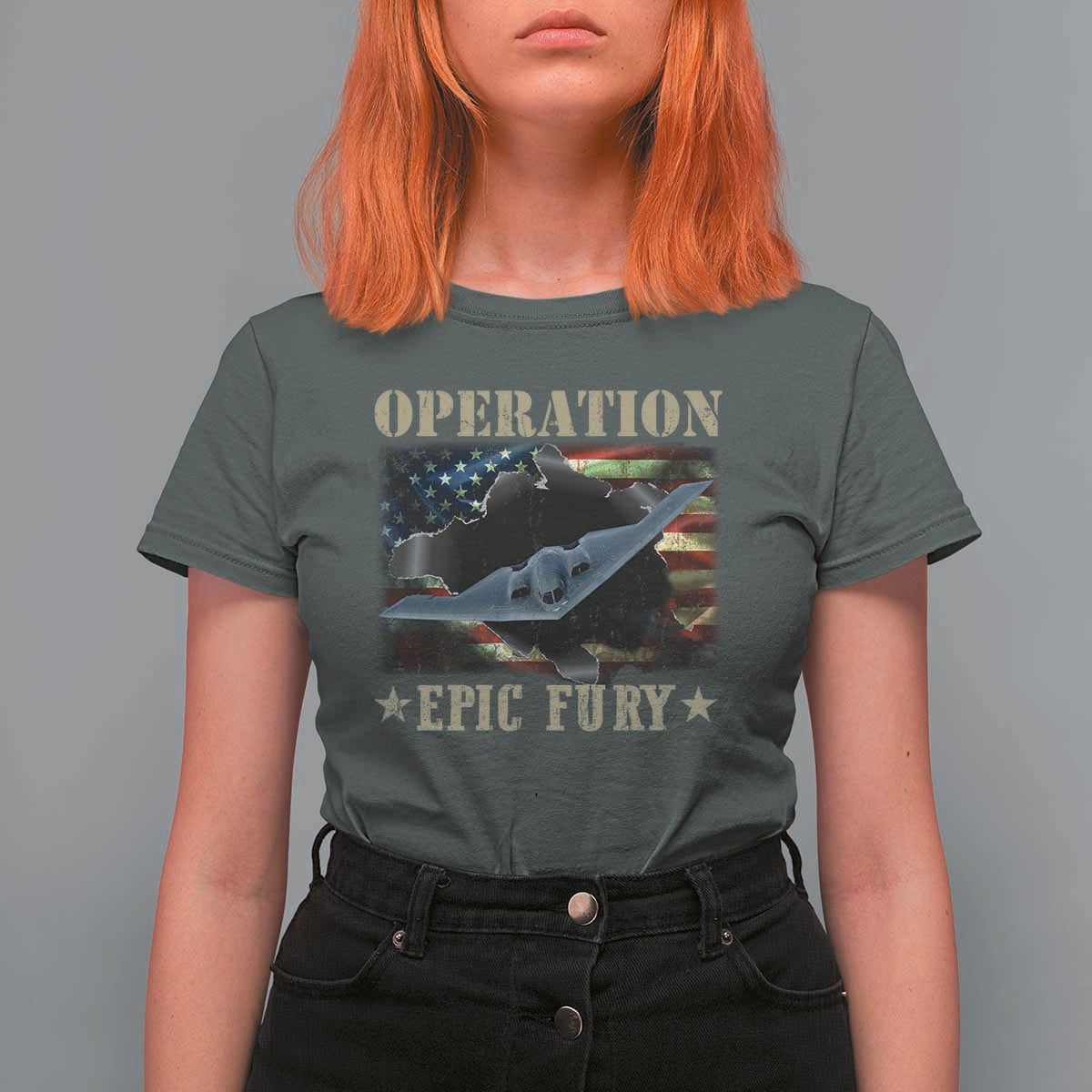 Operation Epic Fury T Shirt For Women Military Bomber Jet American Flag