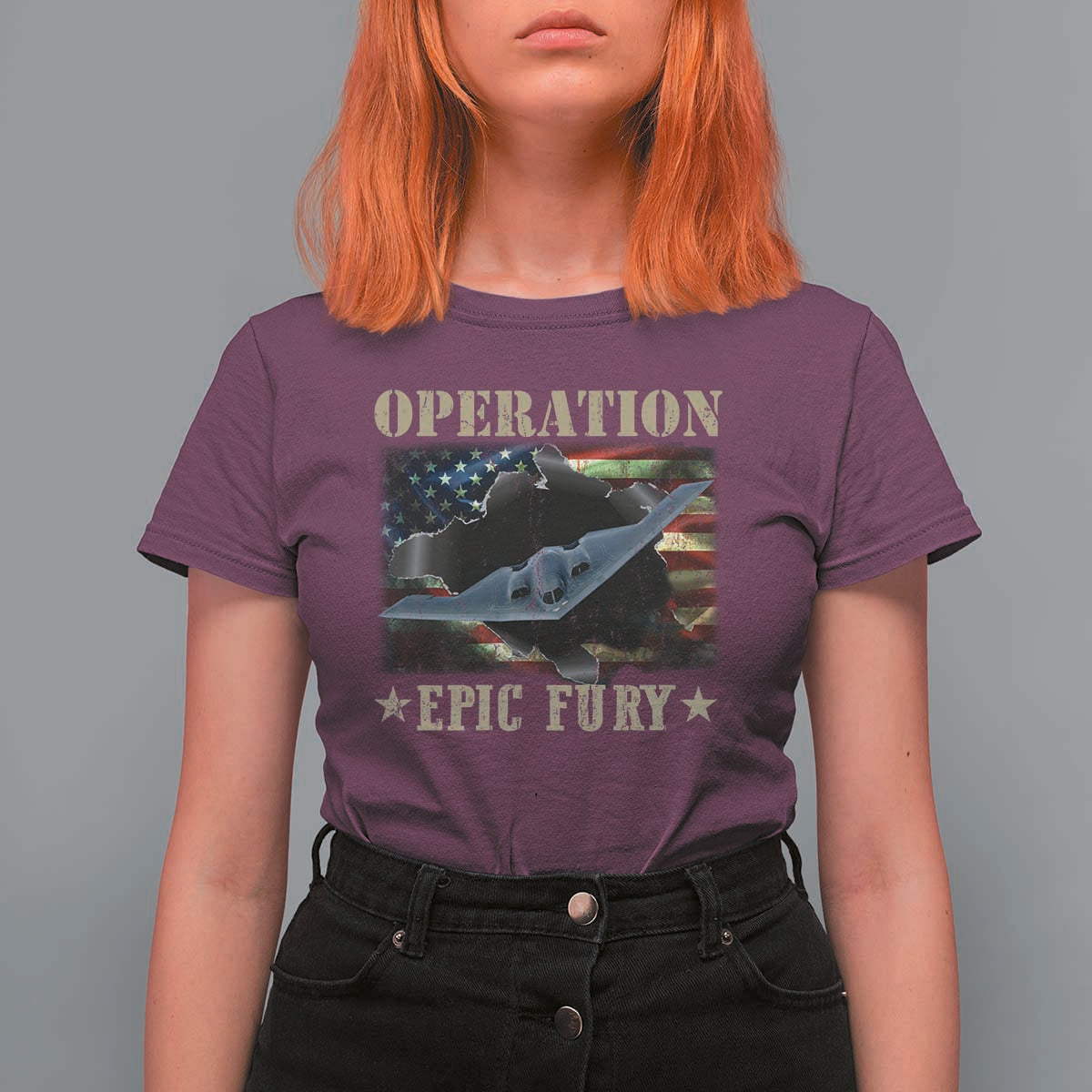 Operation Epic Fury T Shirt For Women Military Bomber Jet American Flag
