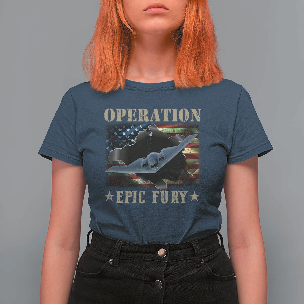 Operation Epic Fury T Shirt For Women Military Bomber Jet American Flag