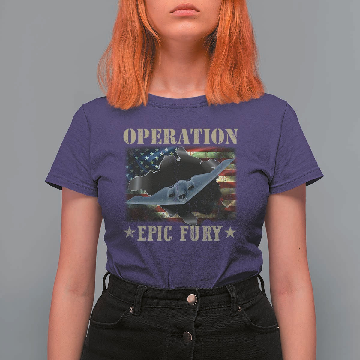 Operation Epic Fury T Shirt For Women Military Bomber Jet American Flag
