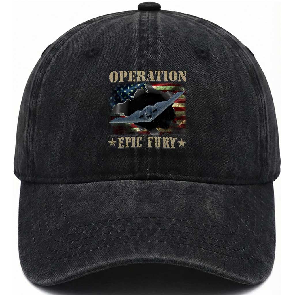 Operation Epic Fury Washed Cotton Baseball Cap Military Bomber Jet American Flag