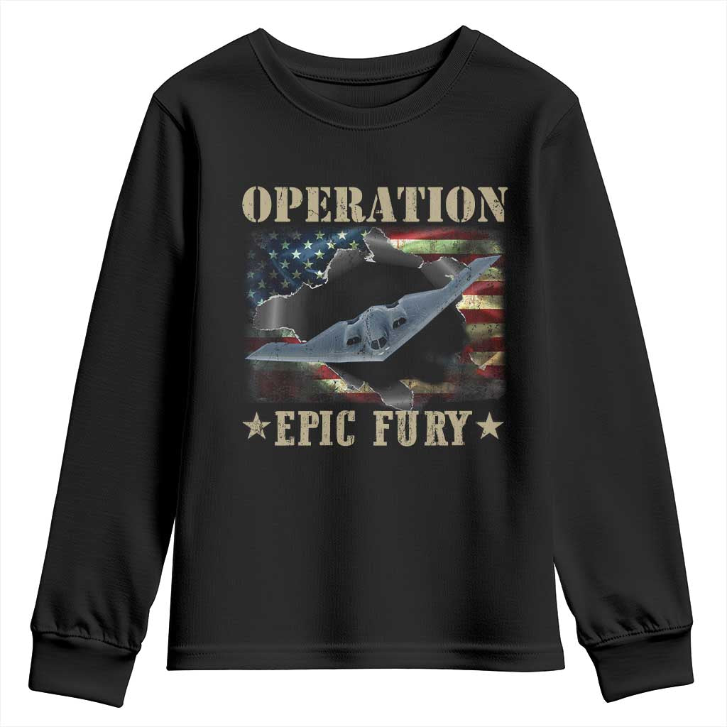 Operation Epic Fury Youth Sweatshirt Military Bomber Jet American Flag