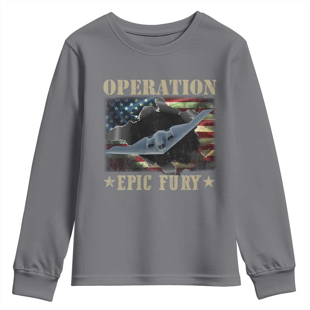 Operation Epic Fury Youth Sweatshirt Military Bomber Jet American Flag