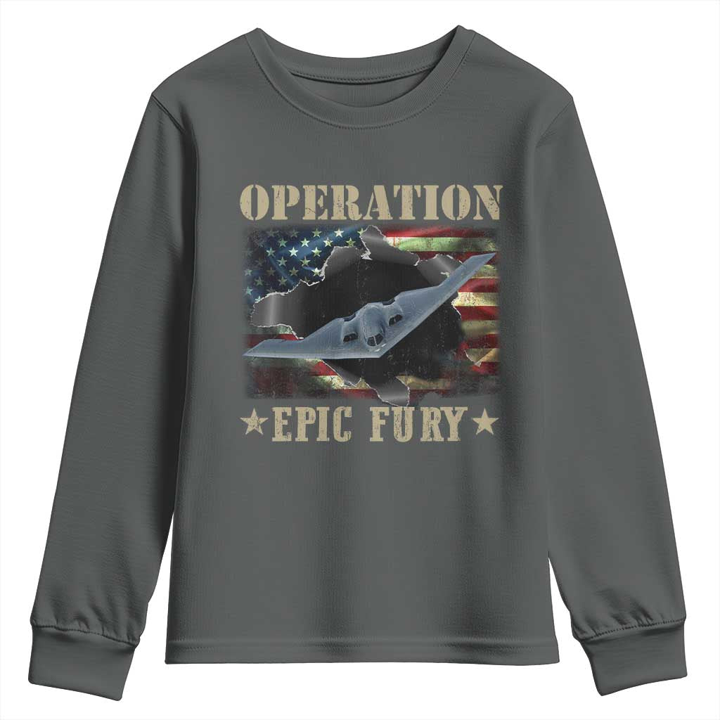 Operation Epic Fury Youth Sweatshirt Military Bomber Jet American Flag