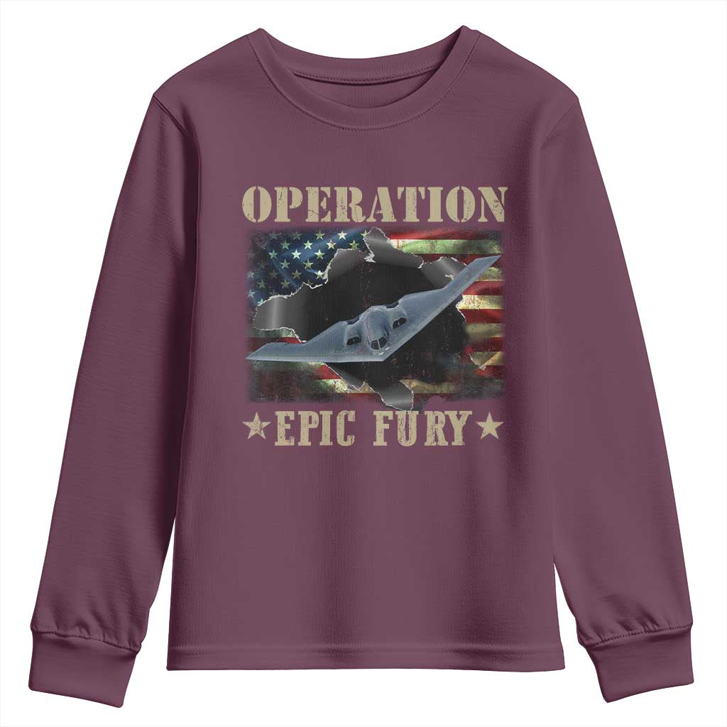 Operation Epic Fury Youth Sweatshirt Military Bomber Jet American Flag