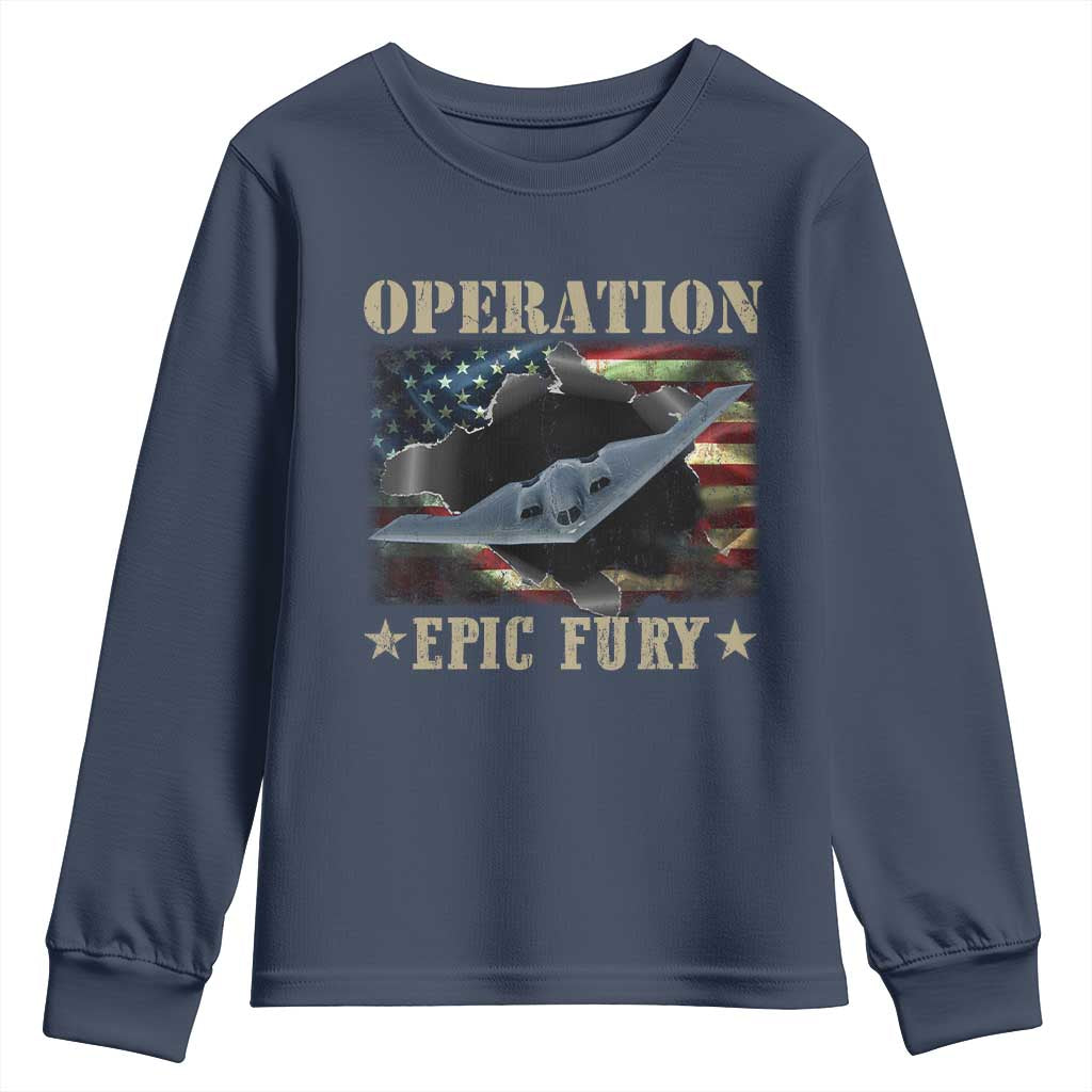 Operation Epic Fury Youth Sweatshirt Military Bomber Jet American Flag