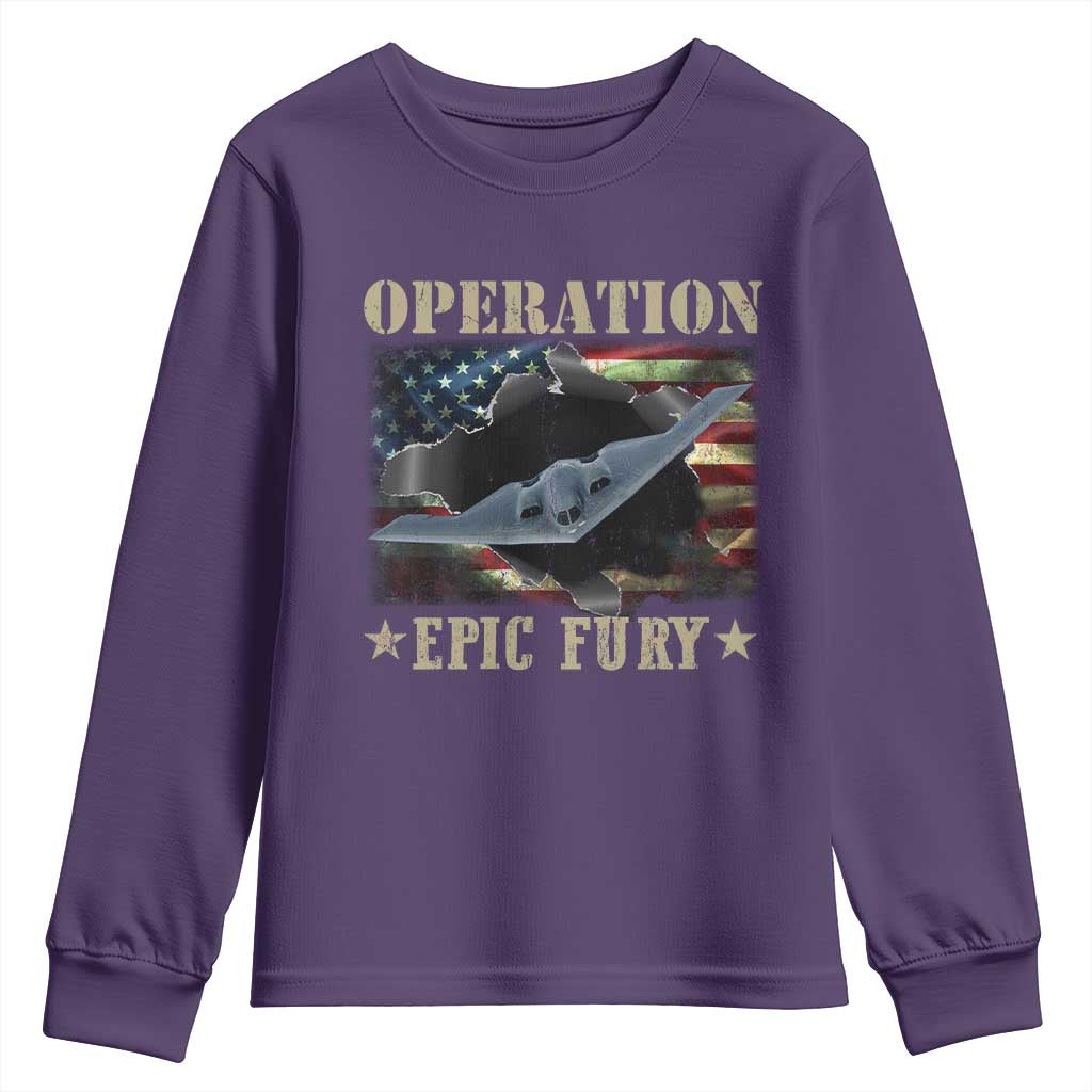 Operation Epic Fury Youth Sweatshirt Military Bomber Jet American Flag