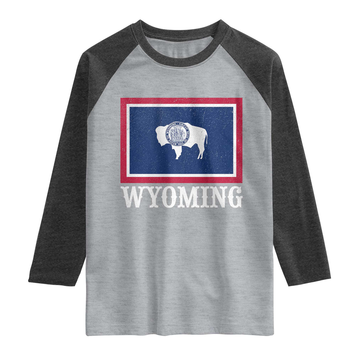 Vintage State of Wyoming Flag Bison Cheyenne Jackson Hole Raglan Shirt