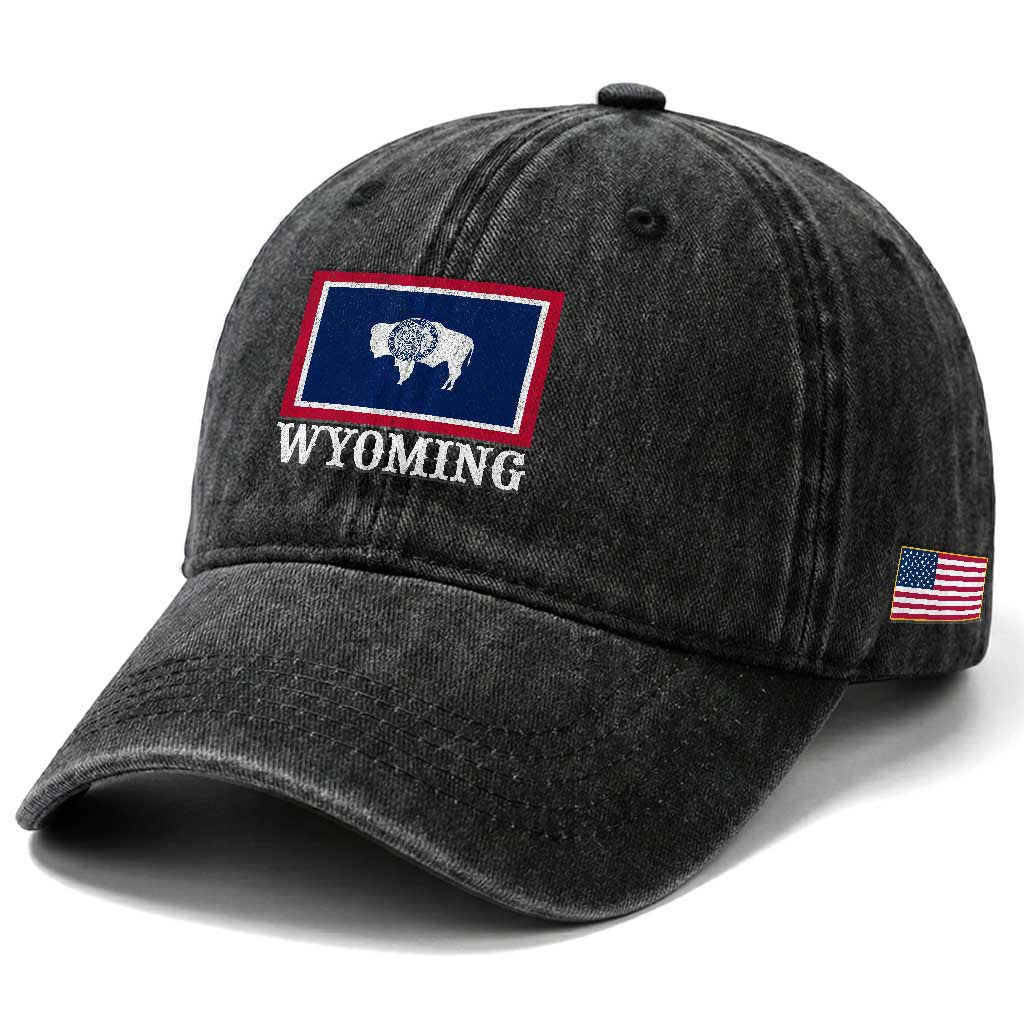 Vintage State of Wyoming Flag Bison Cheyenne Jackson Hole Washed Cotton Baseball Cap