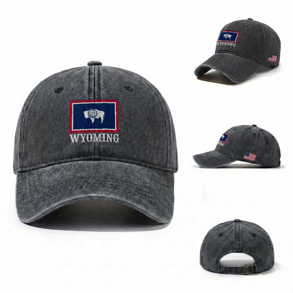 Vintage State of Wyoming Flag Bison Cheyenne Jackson Hole Washed Cotton Baseball Cap