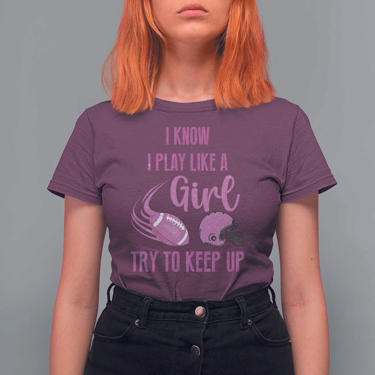 Funny Football T Shirt For Women I Know I Play Like A Girl Try To Keep Up Pink Helmet - Wonder Print Shop