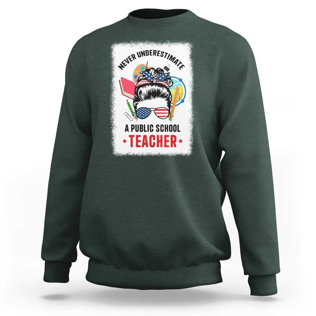 Tim Walz Sweatshirt Never Underestimate A Public School Teacher Messy Bun - Wonder Print Shop