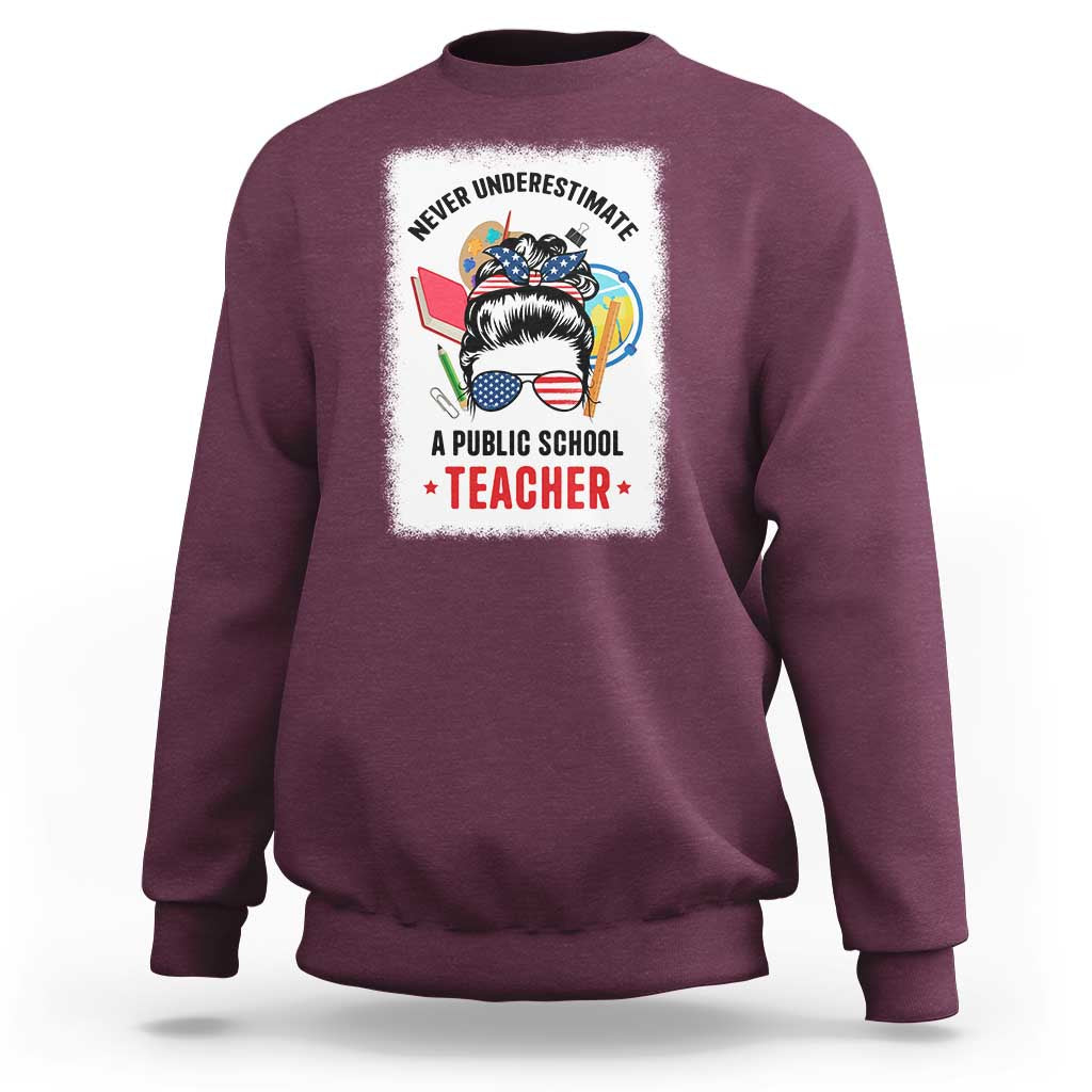Tim Walz Sweatshirt Never Underestimate A Public School Teacher Messy Bun - Wonder Print Shop