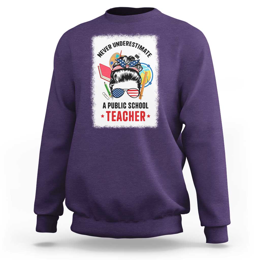 Tim Walz Sweatshirt Never Underestimate A Public School Teacher Messy Bun - Wonder Print Shop