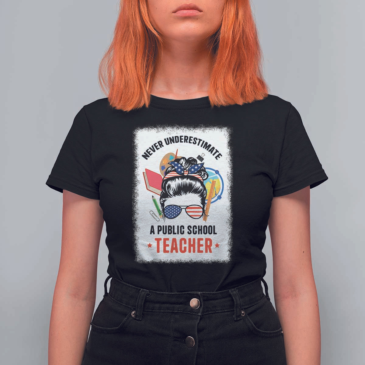 Tim Walz T Shirt For Women Never Underestimate A Public School Teacher Messy Bun - Wonder Print Shop