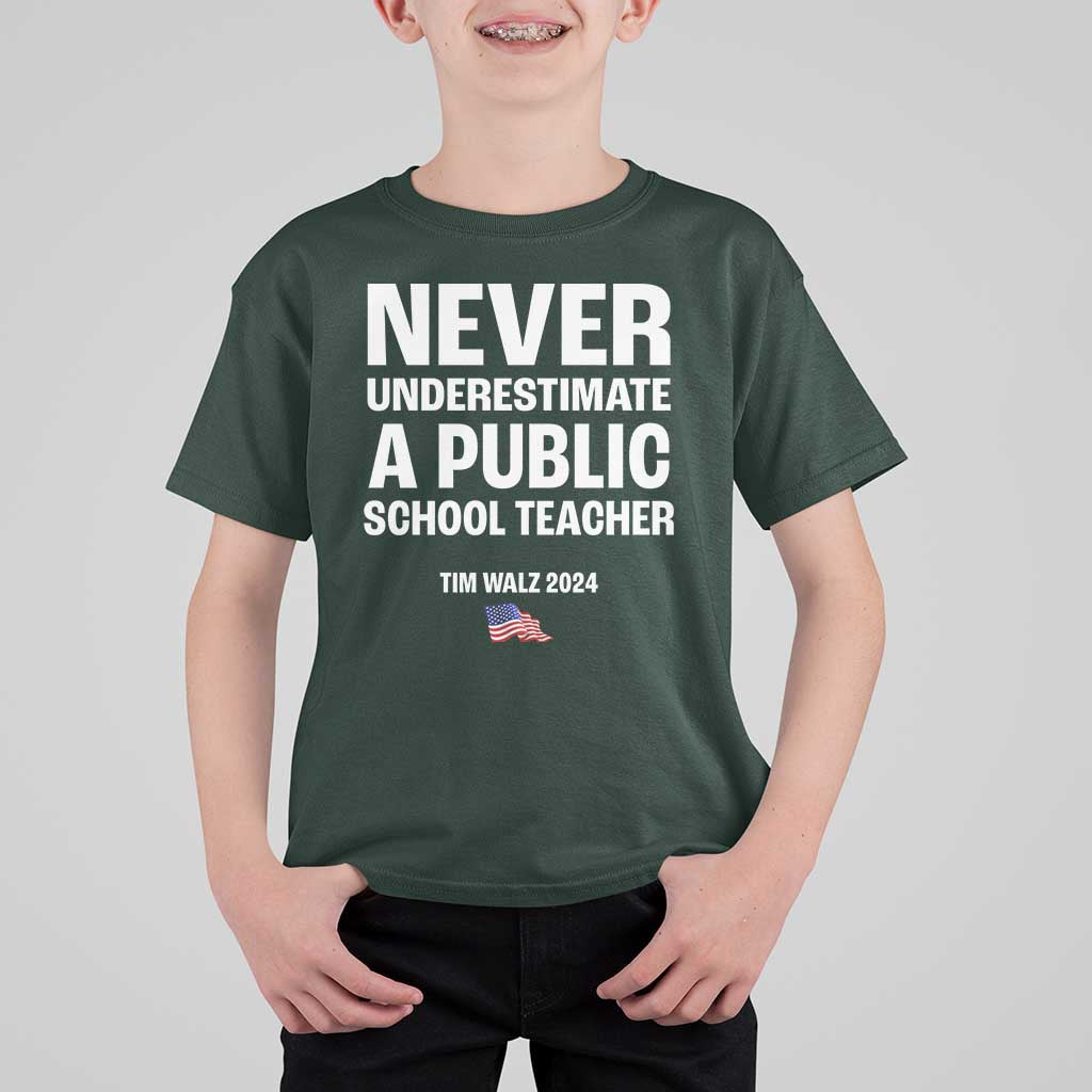 Tim Walz 2024 T Shirt For Kid Never Underestimate A Public School Teacher American Flag - Wonder Print Shop
