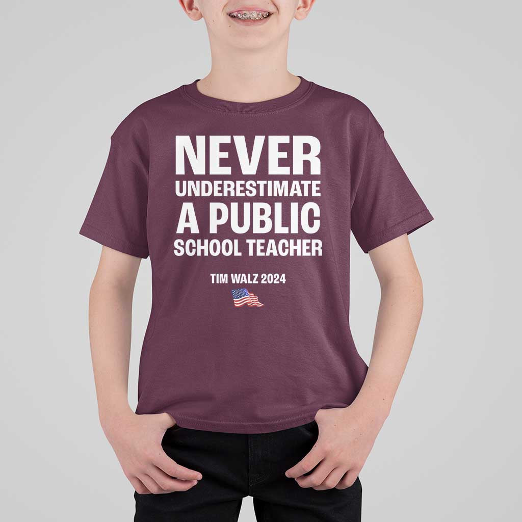 Tim Walz 2024 T Shirt For Kid Never Underestimate A Public School Teacher American Flag - Wonder Print Shop