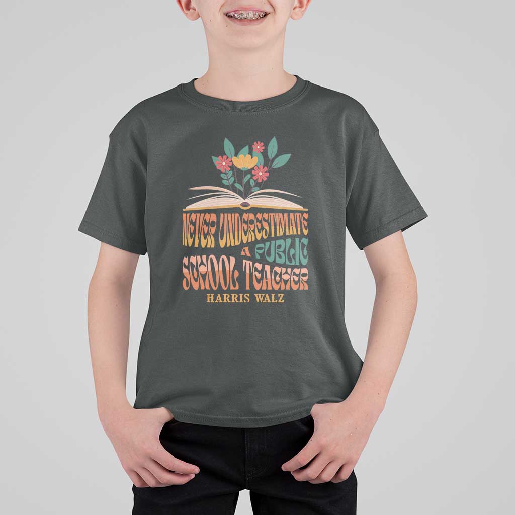 Harris Walz T Shirt For Kid Never Underestimate A Public School Teacher Floral Book - Wonder Print Shop