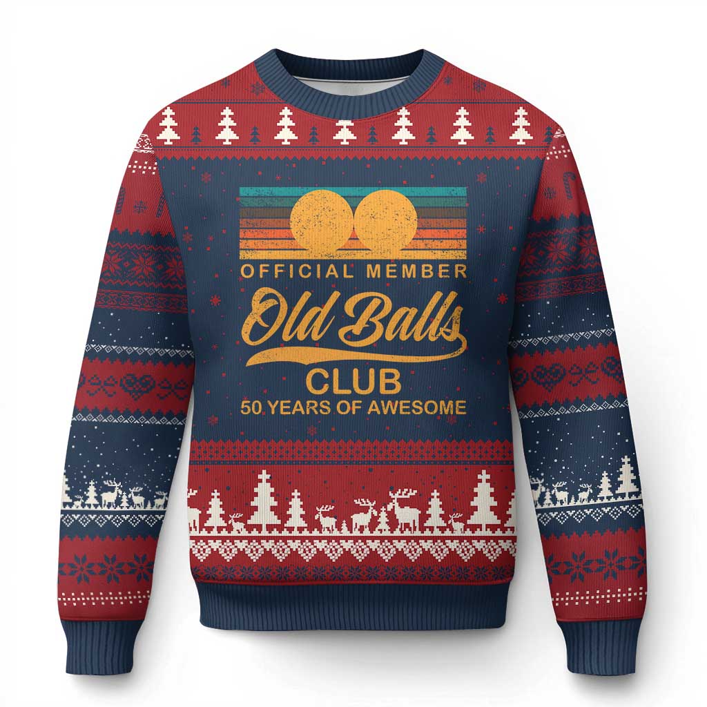 Funny 50th Birthday Ugly Christmas Sweater Official Member Of The Old Ball Clubs Retro Sunset - Wonder Print Shop