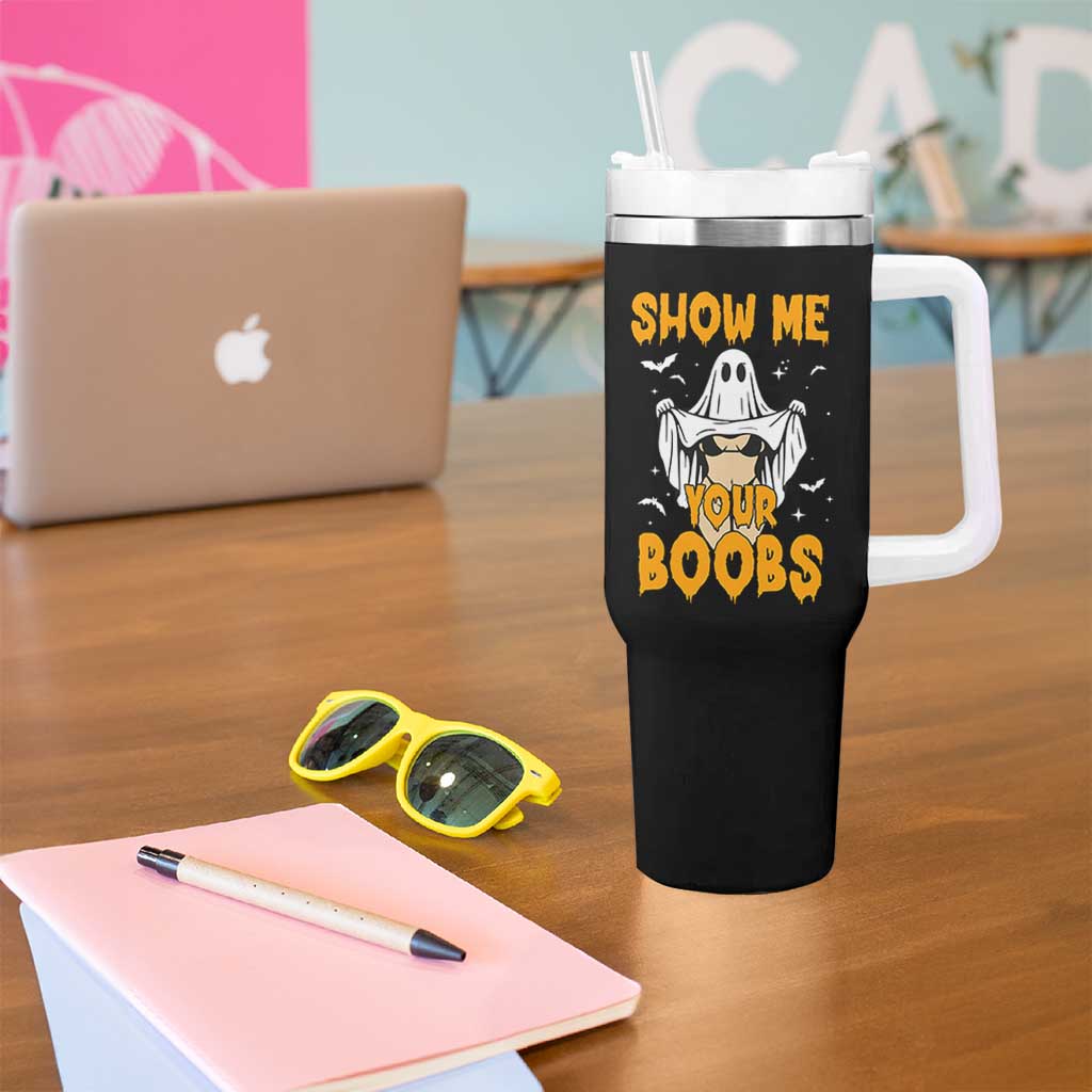 Funny Halloween Show Me Your Boobs Tumbler With Handle Halloween Adult Humor Spooky Ghost - Wonder Print Shop