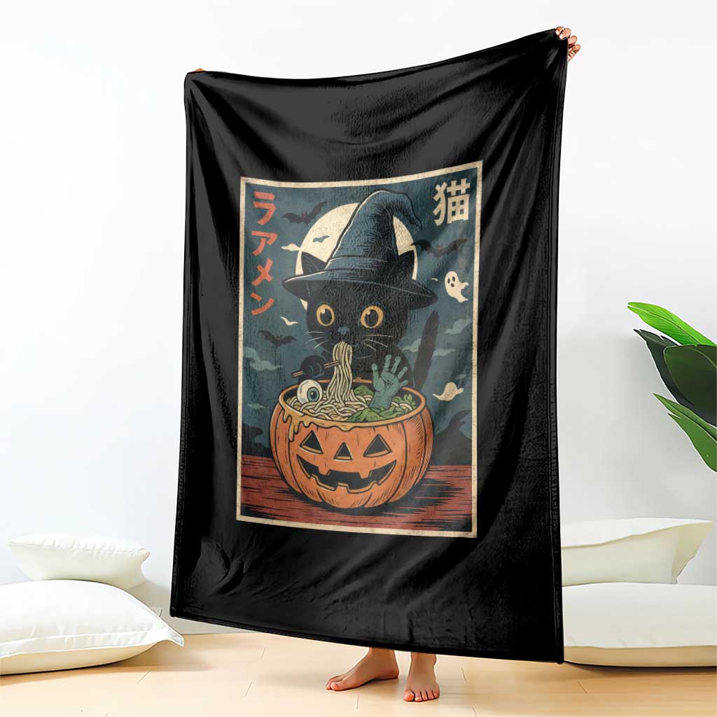 Funny Spooky Black Cat Eating Ramen Kawaii Japanese Halloween Throw Blanket - Wonder Print Shop
