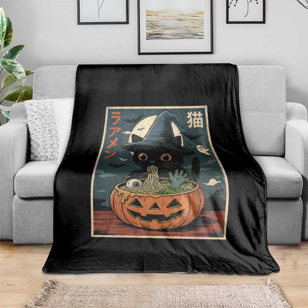 Funny Spooky Black Cat Eating Ramen Kawaii Japanese Halloween Throw Blanket - Wonder Print Shop