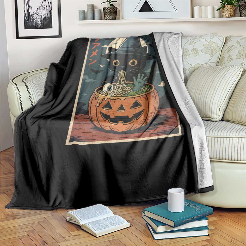 Funny Spooky Black Cat Eating Ramen Kawaii Japanese Halloween Throw Blanket - Wonder Print Shop
