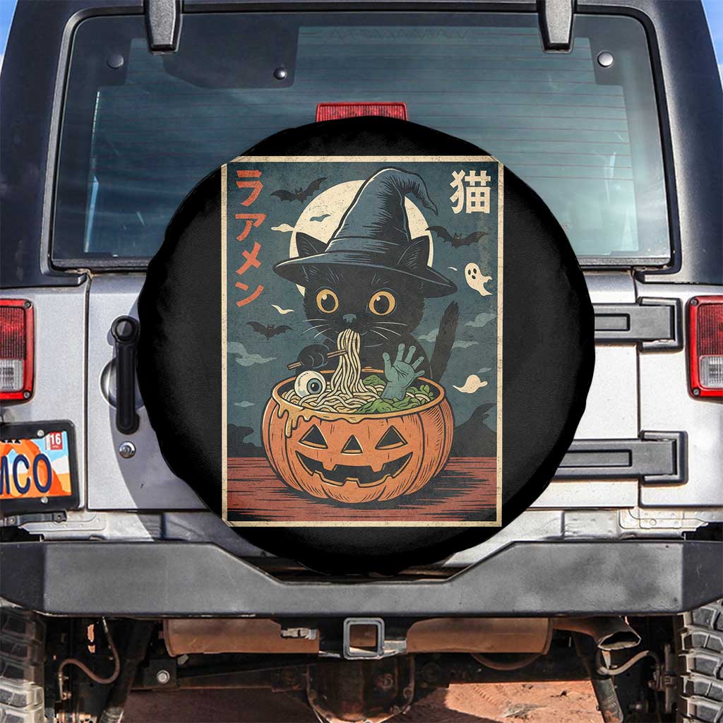 Funny Spooky Black Cat Eating Ramen Kawaii Japanese Halloween Spare Tire Cover - Wonder Print Shop