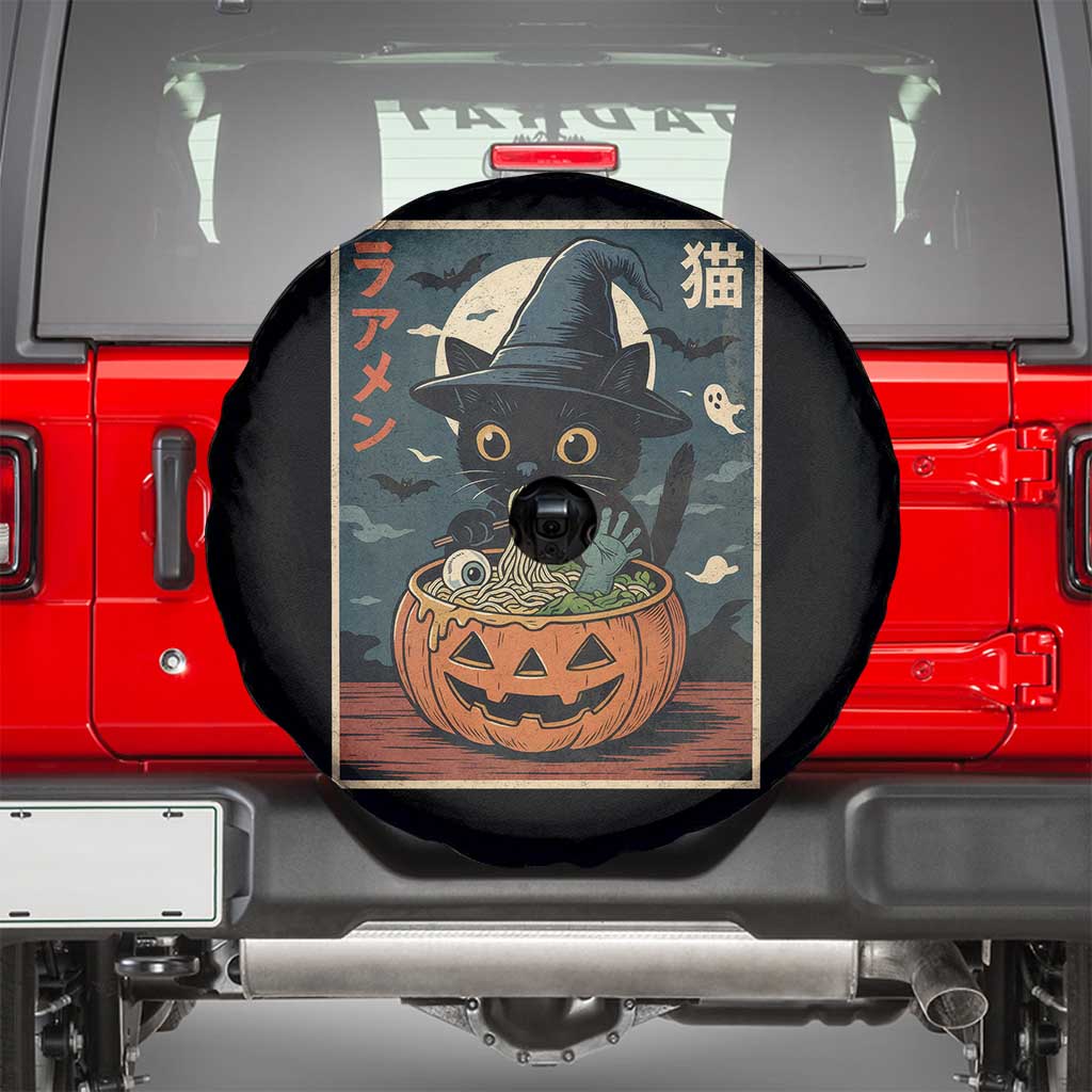 Funny Spooky Black Cat Eating Ramen Kawaii Japanese Halloween Spare Tire Cover - Wonder Print Shop
