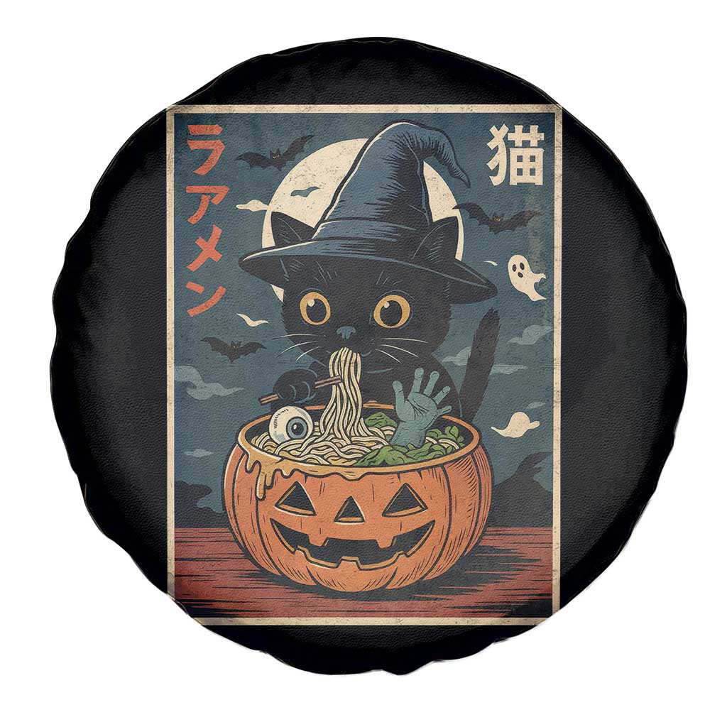 Funny Spooky Black Cat Eating Ramen Kawaii Japanese Halloween Spare Tire Cover - Wonder Print Shop