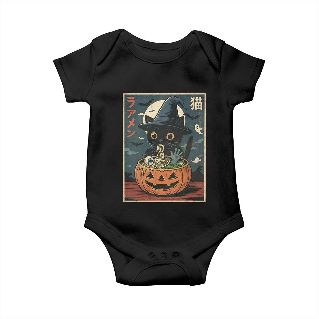 Funny Spooky Black Cat Eating Ramen Kawaii Japanese Halloween Baby Onesie - Wonder Print Shop
