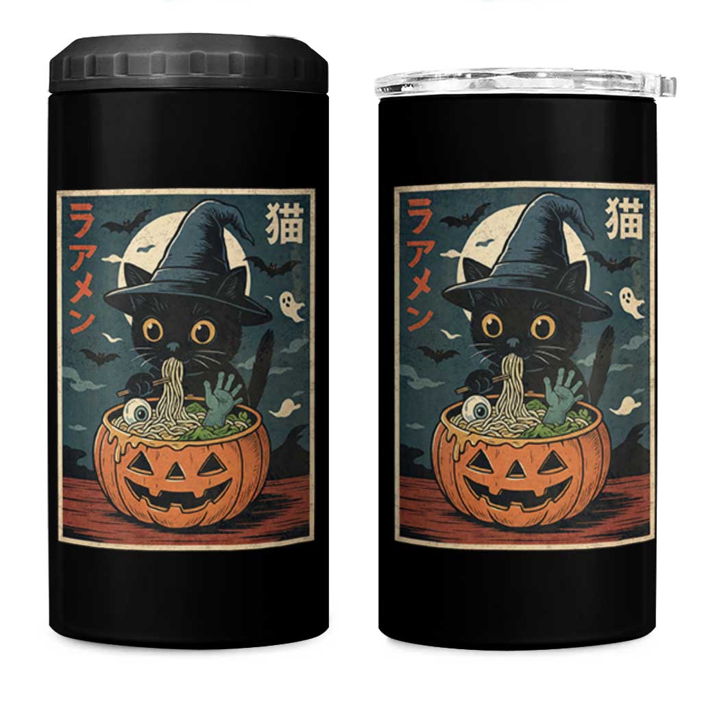Funny Spooky Black Cat Eating Ramen Kawaii Japanese Halloween 4 in 1 Can Cooler Tumbler - Wonder Print Shop