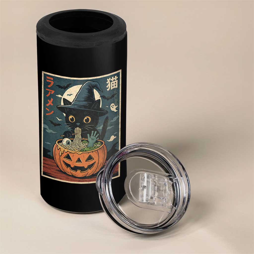 Funny Spooky Black Cat Eating Ramen Kawaii Japanese Halloween 4 in 1 Can Cooler Tumbler - Wonder Print Shop