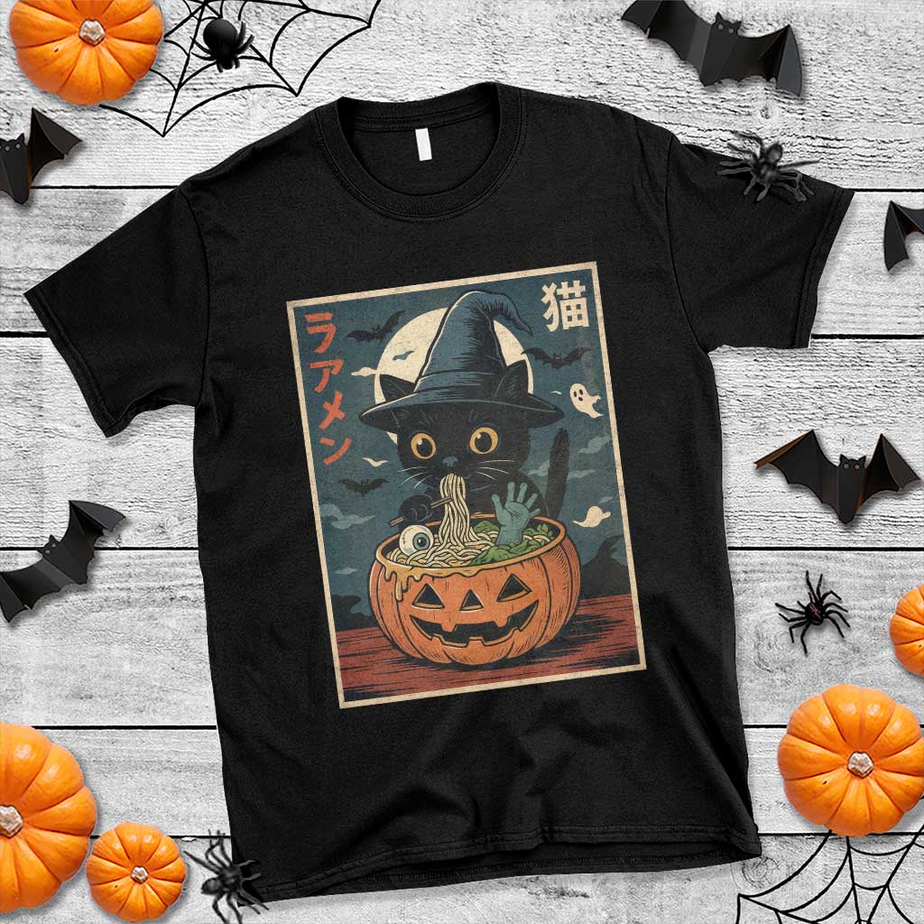 Funny Spooky Black Cat Eating Ramen Kawaii Japanese Halloween T Shirt - Wonder Print Shop
