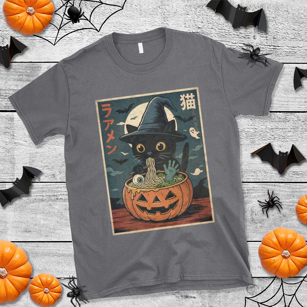 Funny Spooky Black Cat Eating Ramen Kawaii Japanese Halloween T Shirt - Wonder Print Shop