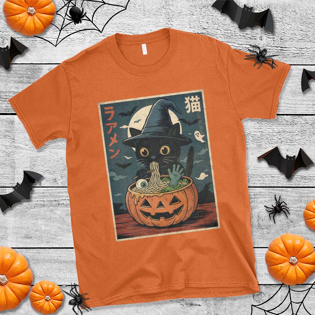 Funny Spooky Black Cat Eating Ramen Kawaii Japanese Halloween T Shirt - Wonder Print Shop