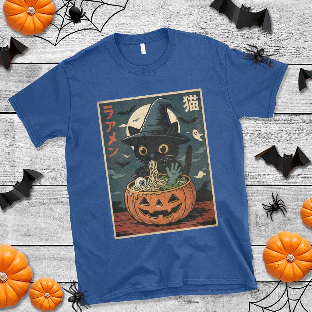 Funny Spooky Black Cat Eating Ramen Kawaii Japanese Halloween T Shirt - Wonder Print Shop